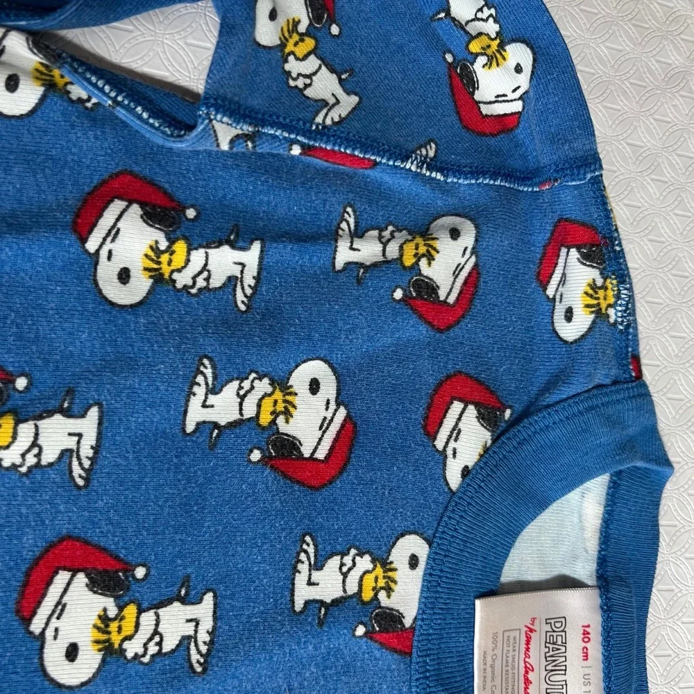 Hanna Andersson 140 (10) Peanuts Snoopy Christmas Long John Pajamas Blue Organic